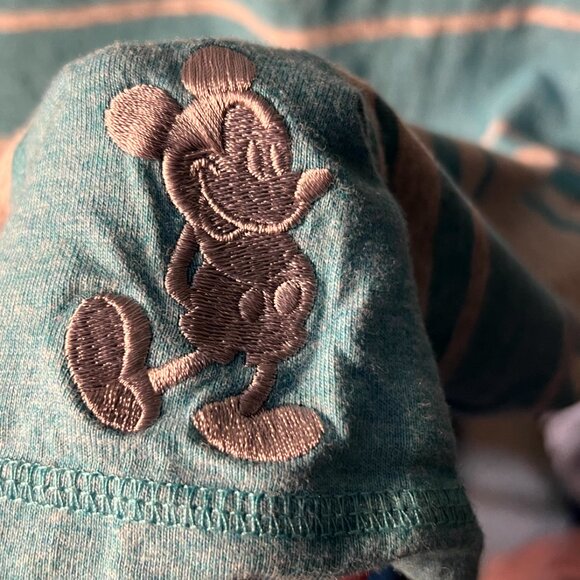 Disney Parks Grey and Aqua Striped Fitted Dress w Embroidered Mickey SZ Small - Picture 2 of 5